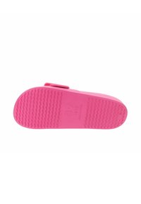 Suela de zapato de goma rosa con una superficie texturizada, que presenta estrías para agarre, un borde liso y números en relieve. Diseño brillante y flexible.
