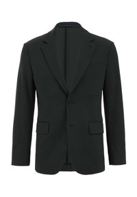 Sacou verde închis, realizat dintr-un material croit, având rever în formă de V, două buzunare frontale și închidere cu un singur nasture. Textură netedă.