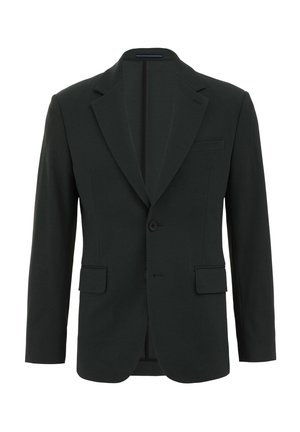 Dark green blazer made from tailored fabric, featuring a notched lapel, two front pockets, and a single button closure. Smooth texture.