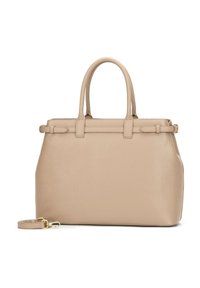 Sac à main en cuir beige au design structurée, avec deux poignées supérieures, une bandoulière amovible et une surface légèrement texturée. Accents en matériel doré.