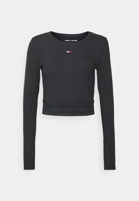 Czarny, długi rękaw, krótka koszulka wykonana z prążkowanej tkaniny, z małym logo na piersi i kontrastową taśmą z napisem "TOMMY HILFIGER" na dole.