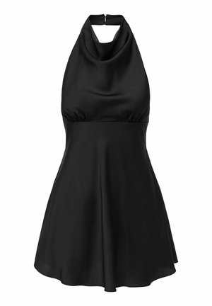Čierne šaty s halterovým výstrihom, priliehavý korzet a roztvorená sukňa, s otvorom na chrbte a hladkou textúrou tkaniny.