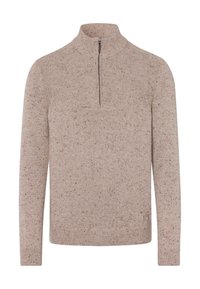 Sweatshirt mit Viertelreißverschluss in hellem Beige mit einem strukturierten Strickmuster. Verfügt über einen gerippten Kragen und Bündchen, hergestellt aus weichem Stoff mit Mischfasern.