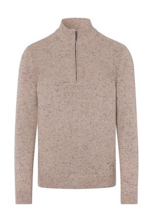 Quarter-zip sweater in light beige with a textured knit pattern. Features a ribbed collar and cuffs, made from soft fabric with mixed fibers.