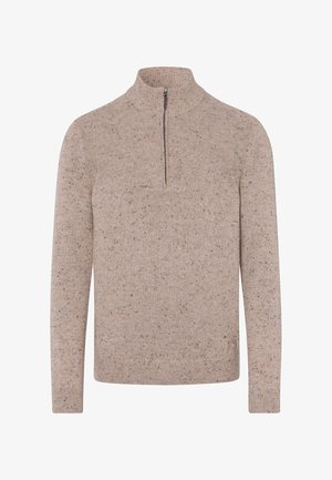 Quarter-zip sweater in light beige with a textured knit pattern. Features a ribbed collar and cuffs, made from soft fabric with mixed fibers.