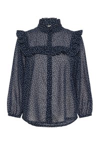 Sötétkék áttetsző blúz fehér pöttyökkel, hosszú puffos ujjakkal, magas fodros gallérral, gombos előlappal, valamint fodros részletekkel a mellkason és a vállakon.