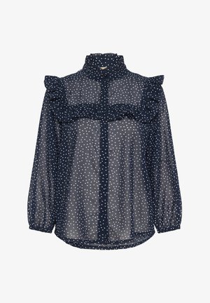 Tumesinine läbipaistev pluus valgete täppidega, pikad puff-sleevad, kõrge volangiga krae, nööbid ees ning volangide detail rinnal ja õlgadel.