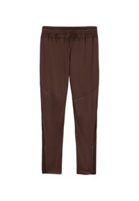 Pantaloni sportivi marroni realizzati in tessuto testurizzato, dotati di cintura elastica, dettagli laterali e gambe affusolate. Adatti per l'abbigliamento sportivo.