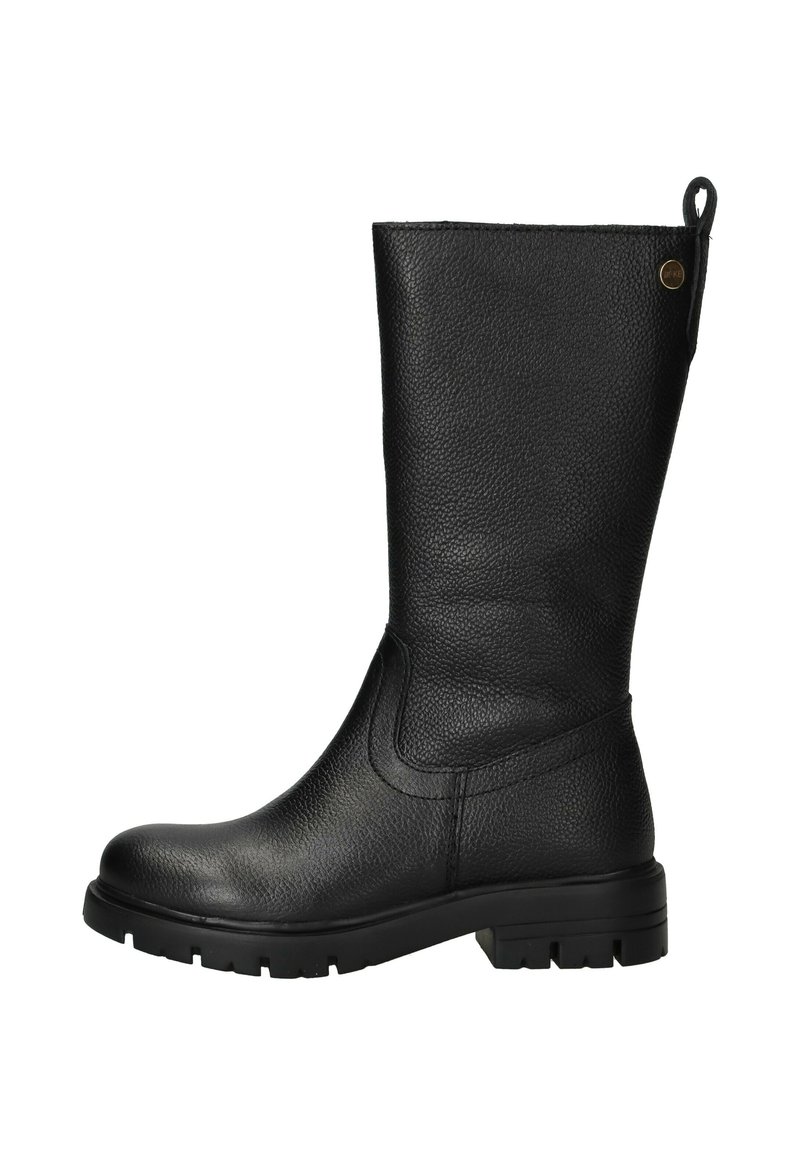 Zwarte leren kniehoge laars met een getextureerd oppervlak, ronde neus en een rubberen zool met een profiel voor grip. Lussje aan de achterkant voor gemakkelijk aantrekken.