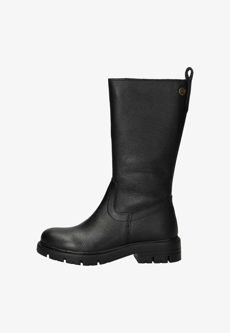 Zwarte leren kniehoge laars met een getextureerd oppervlak, ronde neus en een rubberen zool met een profiel voor grip. Lussje aan de achterkant voor gemakkelijk aantrekken.