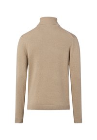 Beiger Pullover, hoher Kragen, lange Ärmel, gerippte Bündchen und Saum, glatte Textur, minimalistisches Design, keine sichtbaren Muster oder Verzierungen.