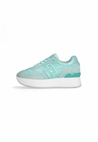 Light blue sneaker with a textured suede and patent leather finish. Features a thick white sole and embossed logo detail on the side.