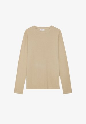 Beige Langarm-T-Shirt mit Rundhalsausschnitt, glatter Textur und minimalistischem Design. Mit Standard-Nähten versehen.