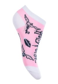 Calzino alla caviglia rosa con accenti bianchi, decorato da un design grafico blu scuro di ali e testo. Il tessuto è liscio ed elasticizzato.