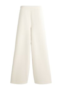 Pantalons larges en tissu crème. Design texturé à côtes avec une taille haute et une silhouette droite et fluide. Pas de fermetures visibles.