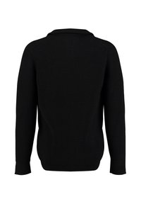 Maglione nero lavorato a maglia con una superficie testurizzata, maniche lunghe e vestibilità comoda. Presenta un colletto e dei polsini a coste. Vista posteriore mostrata.