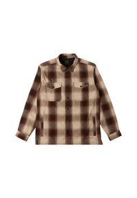 Geruite shirt in beige- en bruintinten. Beschikt over een knoopsluiting aan de voorkant, twee borstzakken en een kraag. Gemaakt van een stevig materiaal.