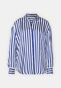 Camicia a righe blu e bianca, realizzata in un tessuto morbido, con colletto, maniche lunghe e orli dei polsini rifiniti.