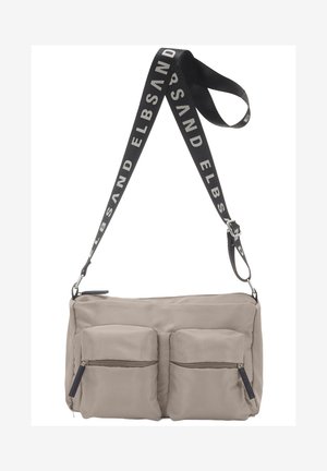 Gray fabric crossbody bag with two front zippered pockets, adjustable black strap featuring "ELBSAND" text, and a soft, textured finish.