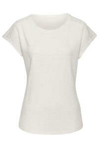T-shirt bianco a maniche corte con texture, colletto rotondo e cuciture delle spalle leggermente sollevate. Il tessuto presenta un motivo stropicciato.