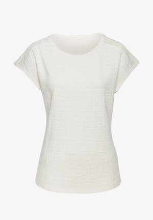 Tekstureeritud valge lühikeste varrukatega T-särk ümarate kaelustega ja veidi tõstetud õmblustega. Kangas on kortsus mustriga.