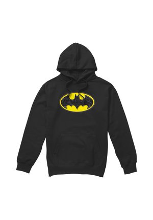 Schwarzer Hoodie mit einem gelb-schwarzen Batman-Logo mittig auf der Brust und einer Fronttasche darunter.