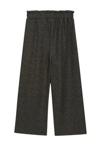 Schwarze weit geschnittene Hose mit einem elastischen Bund, strukturiertem Stoff mit feinen metallischen Fäden und ohne Taschen.