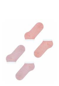 Chaussettes de cheville rayées en corail et blanc, présentant une texture lisse, des poignets blancs contrastants et des pointes arrondies, disposées en paires.