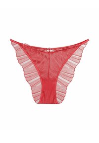 Czerwony koronkowy string z falbaniastymi brzegami, posiadający teksturowany wzór i mały srebrny pierścień na środku z tyłu. Materiał półprzezroczysty.