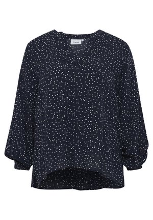 Marineblouse met witte stippen, V-hals, driekwartmouwen en een relaxte pasvorm. Lichtgewicht stof met een licht gestructureerd oppervlak.