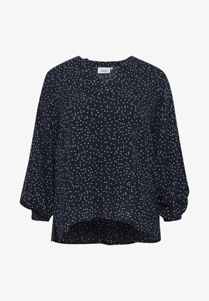 Námornícka blúzka s bielymi bodkami, výstrih do V, trištvrťové rukávy a voľný strih. Ľahká tkanina s jemne textúrovaným povrchom.