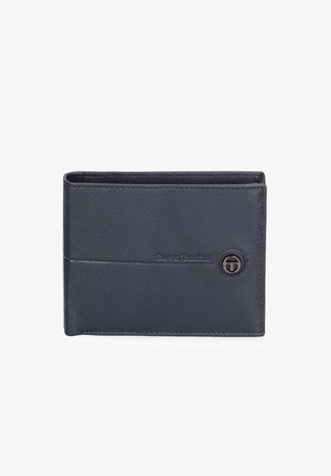 Navy leather wallet with textured surface, bi-fold design, embossed logo, and circular metal accent on the front. Compact and sleek.