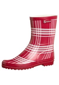 Punainen kuminen sadekenkä, jossa valkoinen ruudullinen kuvio, pyöreä kärki ja teksturoitu pohja. Sivussa on logopilkku ja sileä pinta.