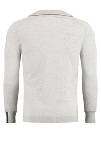 Maglione grigio chiaro con collo a camicia, maniche lunghe, polsini e orlo a coste; texture morbida e design minimalista. Nessun motivo o dettaglio visibile.
