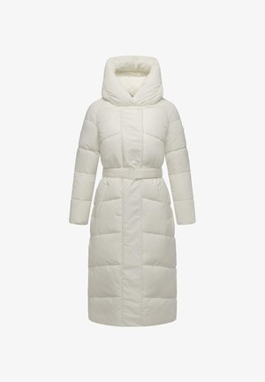 Bela podložena jakna z visokim ovratnikom, pasom, dolgimi rokavi in prešitim dizajnom. Ima strukturirano obliko in mehak tekstur.