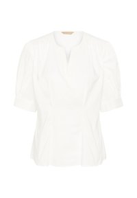 Bluză albă cu mâneci scurte, cu volane, decolteu rotund și un design discret plisat. Fabricată dintr-un material ușor, cu o textură netedă.