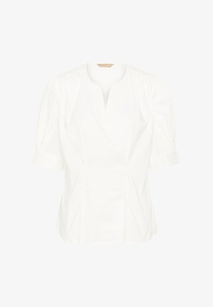 Fehér, rövid ujjú blúz puffuakkal, kerek nyakkivágással és finom pliszé mintával. Könnyű, sima tapintású anyagból készült.