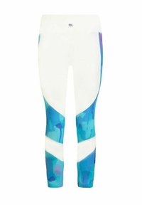 Witte leggings met een abstracte print in blauw en teal. Voorzien van een hoge tailleband en een geometrisch kleurblokontwerp aan de zijkanten.