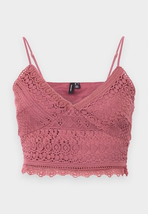 Rosa rosa heklede bralette med justerbare spaghetti-stropper, bølget kant og intrikate blondermønstre i hele stoffet.