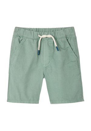 Hellgrüne Kleinkinder-Shorts mit elastischem Bund, weißem Kordelzug mit blauen Spitzen und zwei Fronttaschen.