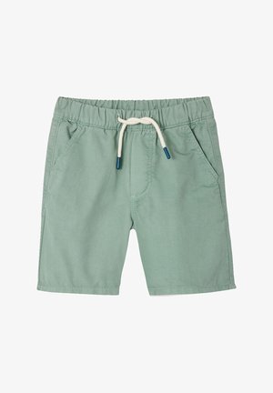 Light green toddler shorts with elastic waistband, white drawstring with blue tips, and two front pockets.