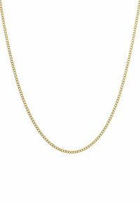 Gouden kettinghanger met een gladde, glanzende afwerking. Bevat in elkaar grijpende schakels, een platte vorm en een uniforme textuur door het geheel.
