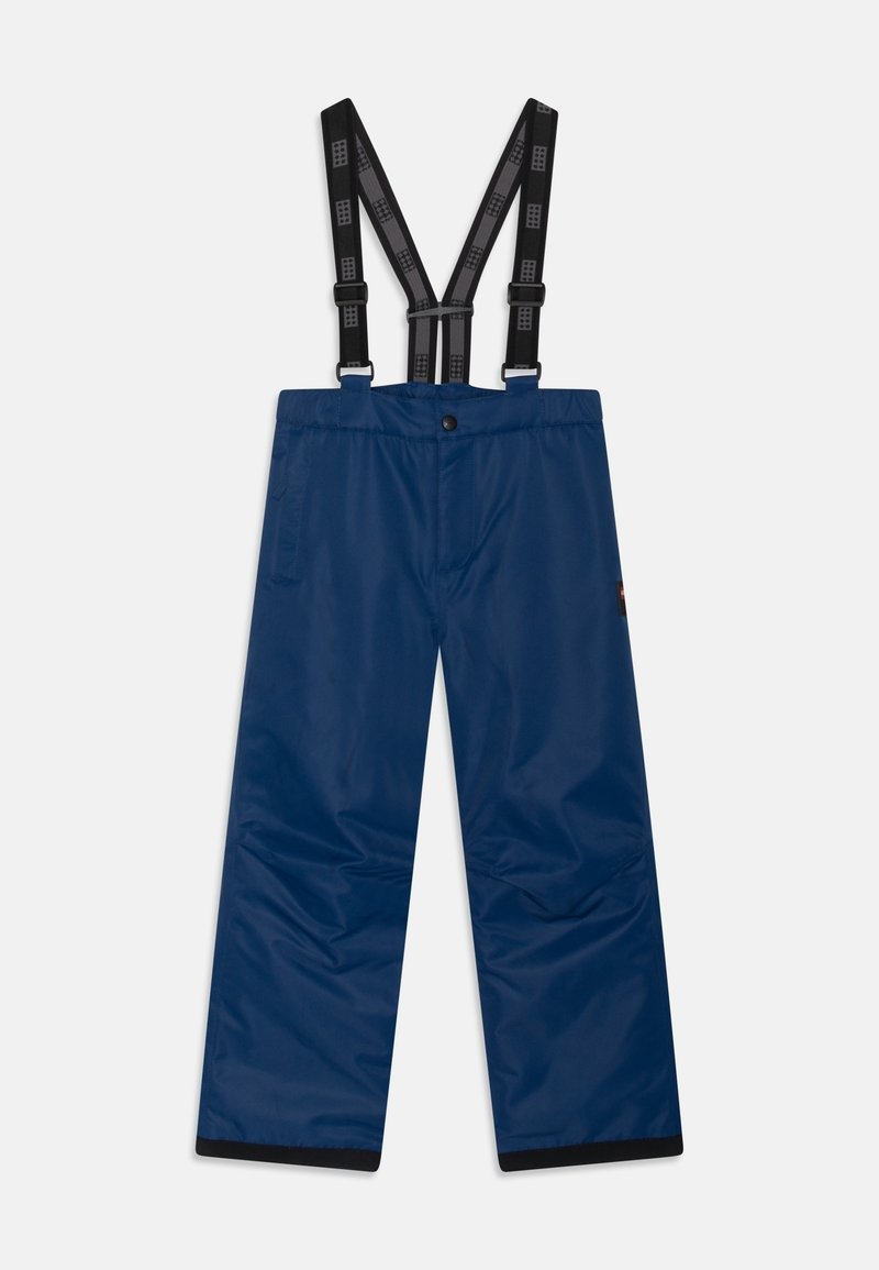 Navy waterproof pants with adjustable black suspenders, button closure, two front pockets, and reinforced hems for durability.