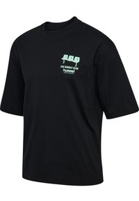 Svart bomull t-shirt med korta ärmar, rundad halsringning och en ljusgrön grafisk design med text på framsidan. Mjuk textur.