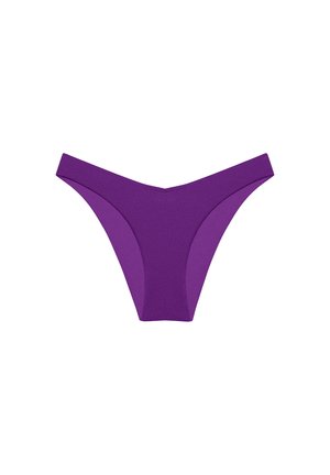 Purple bikini bottom with a sleek design, featuring smooth fabric, high cut sides, and minimal coverage. No patterns or hardware details.
