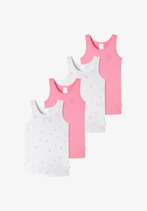 Set of four sleeveless tank tops in pink and light gray, featuring a teddy bear pattern on the gray tops and solid colors for the pink tops.