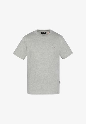 T-shirt in cotone grigio con collo a giro e maniche corte. Presenta un piccolo logo rosso sul petto e un'etichetta sulla cucitura laterale.
