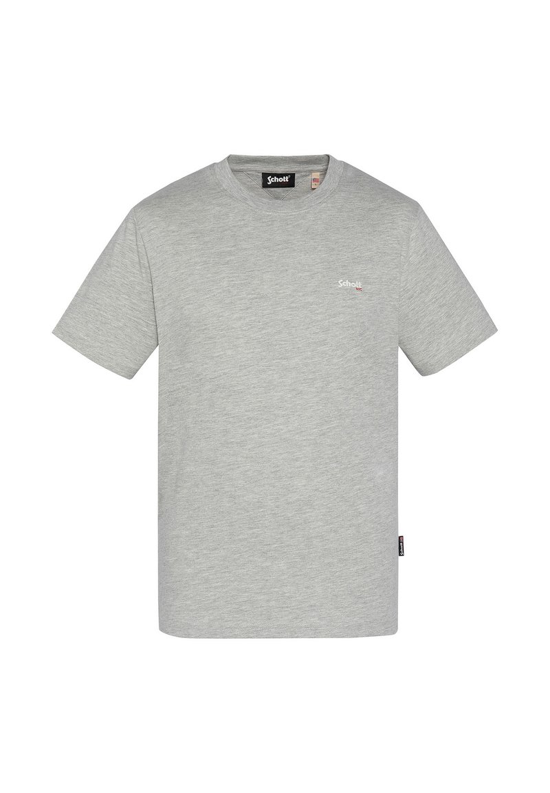 T-shirt in cotone grigio con collo a giro e maniche corte. Presenta un piccolo logo rosso sul petto e un'etichetta sulla cucitura laterale.