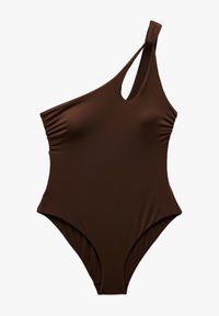 Bruine een-piece bikini met een schouderband, uitsnijdingen en geplooide textuur aan één kant. Gladde stof.