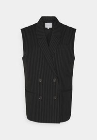 Svart ärmlös väst med vita vertikala ränder, dubbelknäppt fram, med notched lapels och två framfickor. Har bruna knappar.